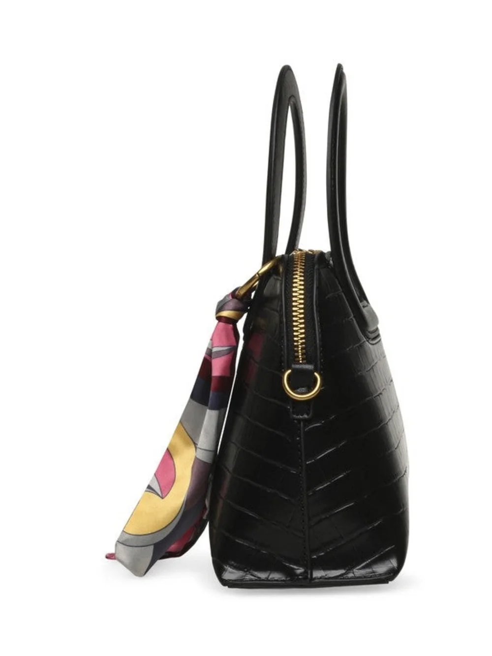 Steve Madden Black Croc-Embossed Top-Handle Satchel with Pink Multi-Color Scarf